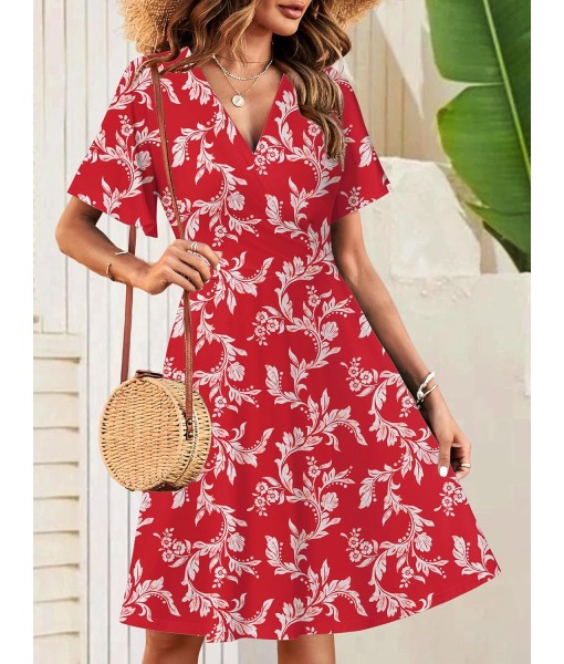 FENSACE Womens Sundress Summer Floral Short Sleeve Wrap V Neck A-Line Midi Dress