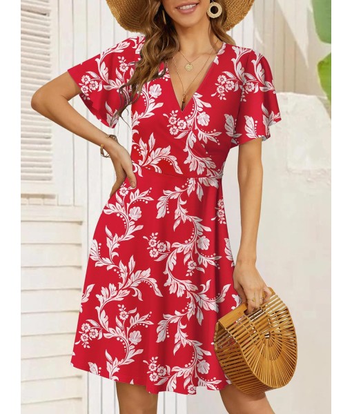 FENSACE Womens Sundress Summer Floral Short Sleeve Wrap V Neck A-Line Midi Dress