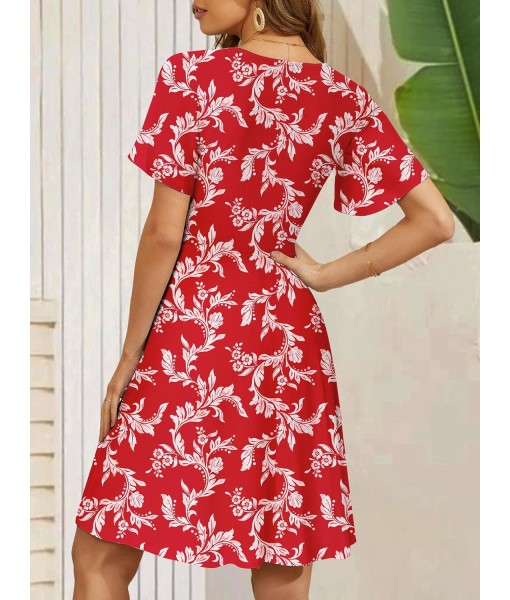 FENSACE Womens Sundress Summer Floral Short Sleeve Wrap V Neck A-Line Midi Dress