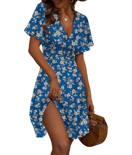 FENSACE Womens Sundress Summer Floral Short Sleeve Wrap V Neck A-Line Midi Dress