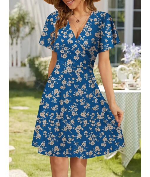 FENSACE Womens Sundress Summer Floral Short Sleeve Wrap V Neck A-Line Midi Dress