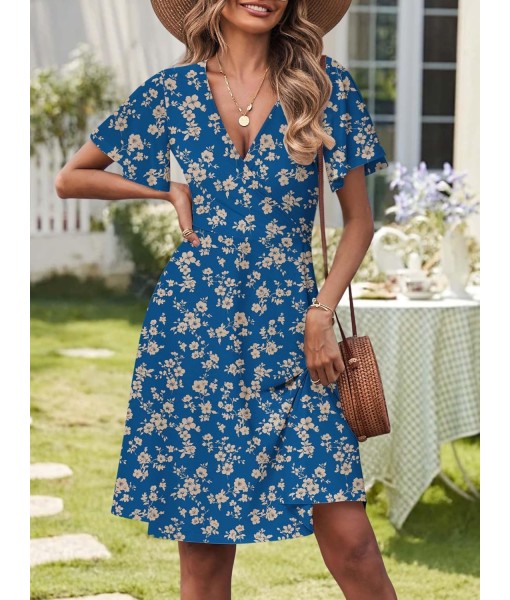 FENSACE Womens Sundress Summer Floral Short Sleeve Wrap V Neck A-Line Midi Dress