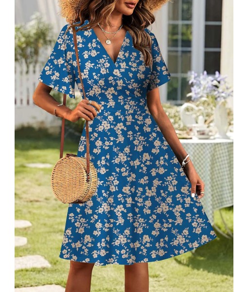 FENSACE Womens Sundress Summer Floral Short Sleeve Wrap V Neck A-Line Midi Dress