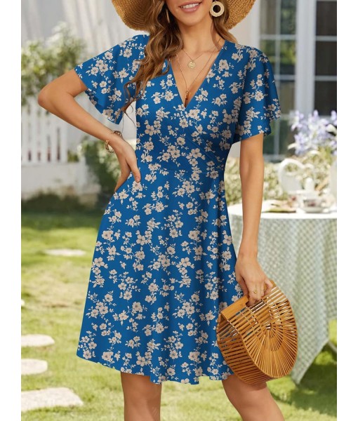 FENSACE Womens Sundress Summer Floral Short Sleeve Wrap V Neck A-Line Midi Dress