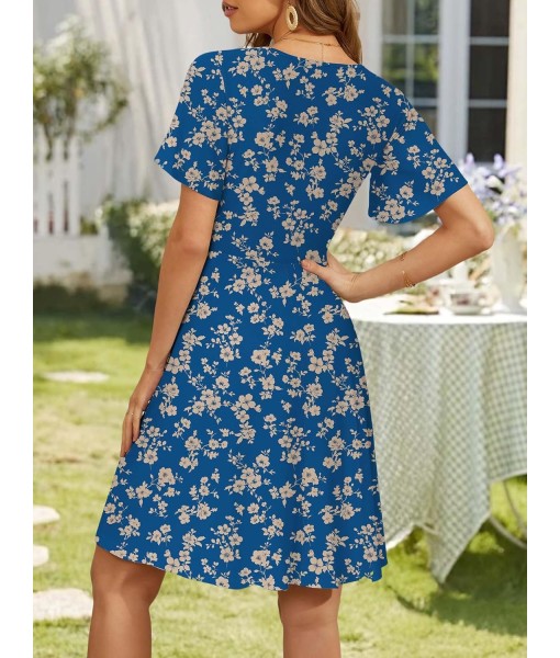 FENSACE Womens Sundress Summer Floral Short Sleeve Wrap V Neck A-Line Midi Dress