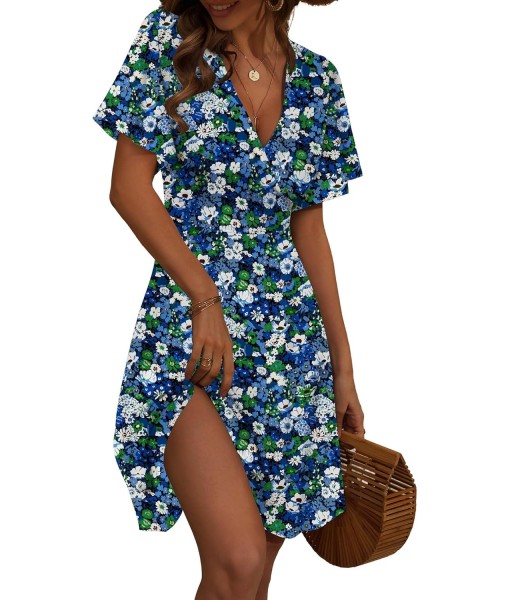 FENSACE Womens Sundress Summer Floral Short Sleeve Wrap V Neck A-Line Midi Dress