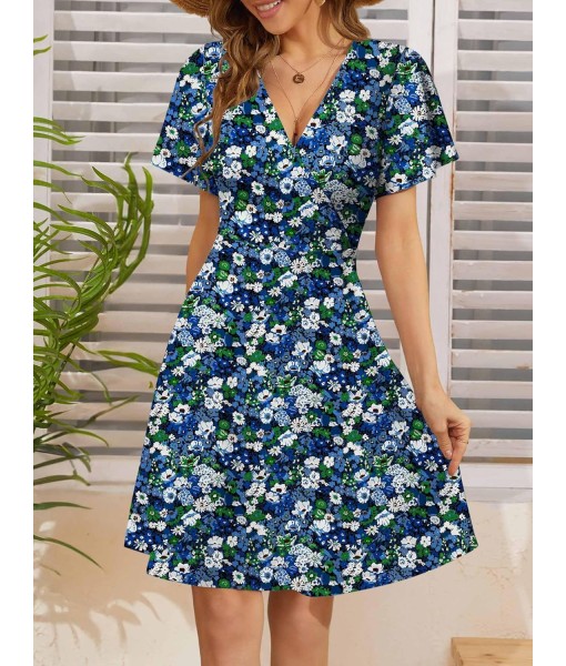 FENSACE Womens Sundress Summer Floral Short Sleeve Wrap V Neck A-Line Midi Dress