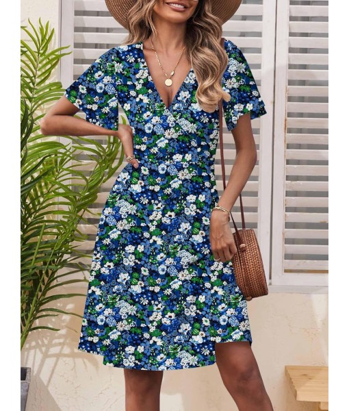 FENSACE Womens Sundress Summer Floral Short Sleeve Wrap V Neck A-Line Midi Dress
