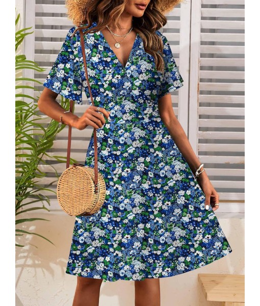 FENSACE Womens Sundress Summer Floral Short Sleeve Wrap V Neck A-Line Midi Dress
