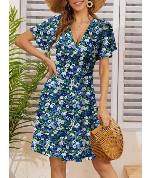 FENSACE Womens Sundress Summer Floral Short Sleeve Wrap V Neck A-Line Midi Dress