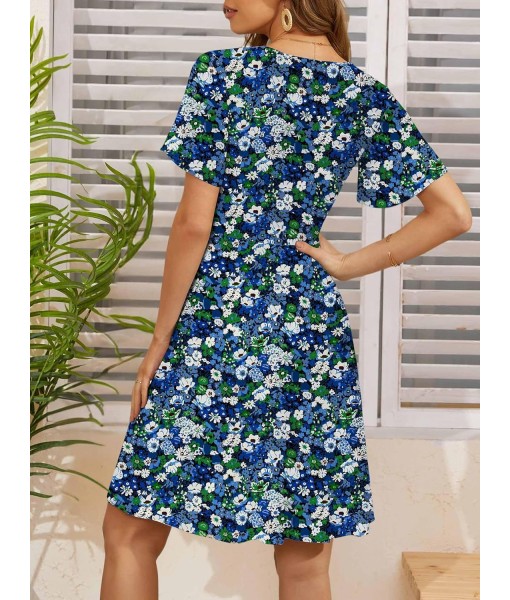FENSACE Womens Sundress Summer Floral Short Sleeve Wrap V Neck A-Line Midi Dress