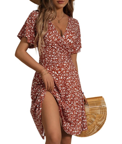 FENSACE Womens Sundress Summer Floral Short Sleeve Wrap V Neck A-Line Midi Dress