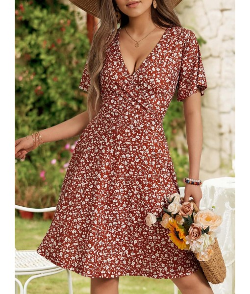 FENSACE Womens Sundress Summer Floral Short Sleeve Wrap V Neck A-Line Midi Dress
