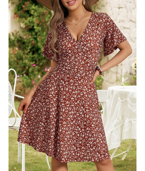 FENSACE Womens Sundress Summer Floral Short Sleeve Wrap V Neck A-Line Midi Dress
