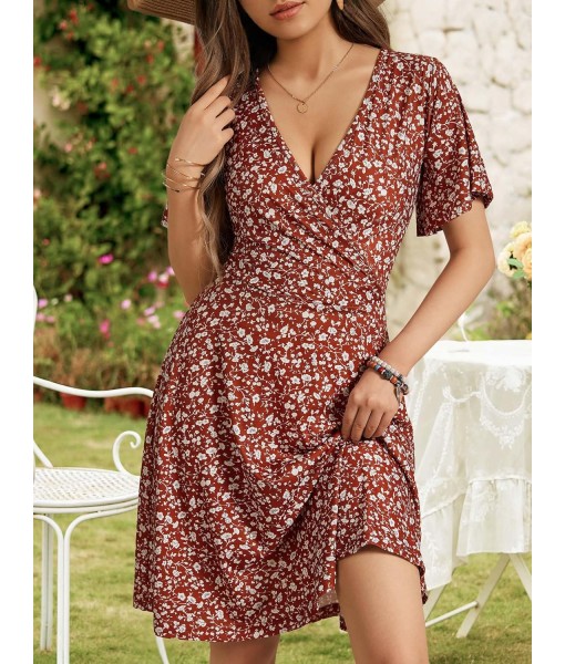 FENSACE Womens Sundress Summer Floral Short Sleeve Wrap V Neck A-Line Midi Dress