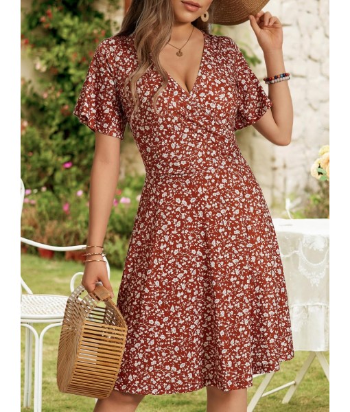 FENSACE Womens Sundress Summer Floral Short Sleeve Wrap V Neck A-Line Midi Dress