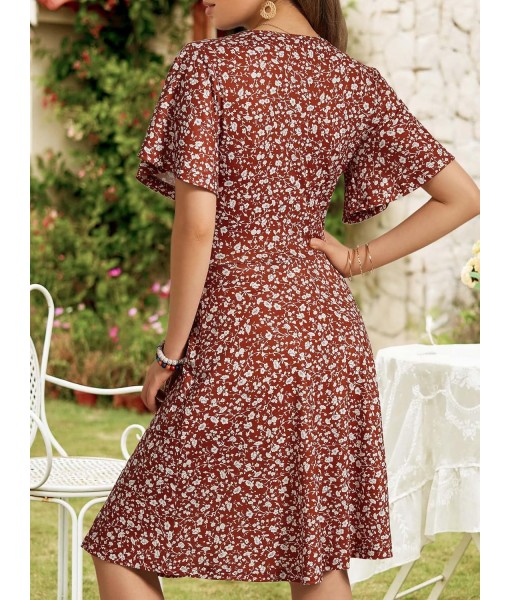 FENSACE Womens Sundress Summer Floral Short Sleeve Wrap V Neck A-Line Midi Dress