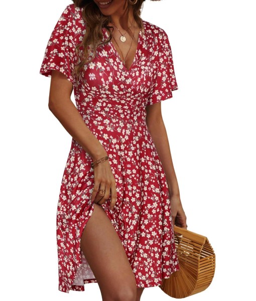 FENSACE Womens Sundress Summer Floral Short Sleeve Wrap V Neck A-Line Midi Dress