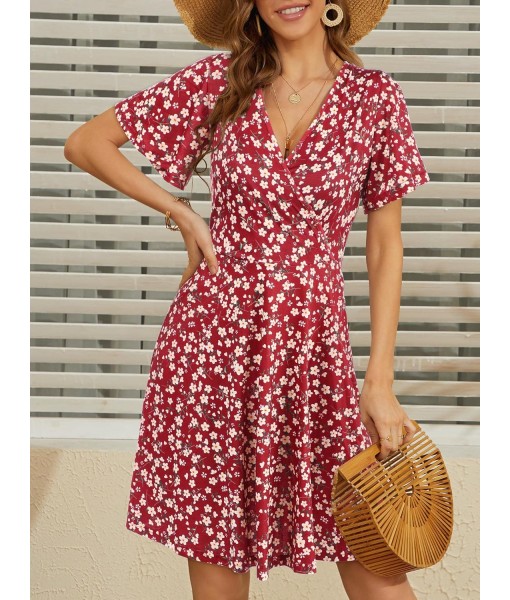 FENSACE Womens Sundress Summer Floral Short Sleeve Wrap V Neck A-Line Midi Dress