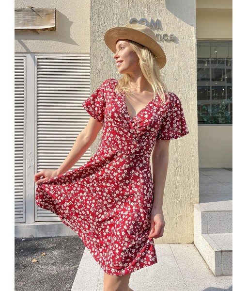 FENSACE Womens Sundress Summer Floral Short Sleeve Wrap V Neck A-Line Midi Dress