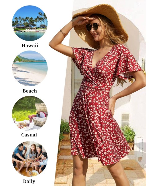 FENSACE Womens Sundress Summer Floral Short Sleeve Wrap V Neck A-Line Midi Dress