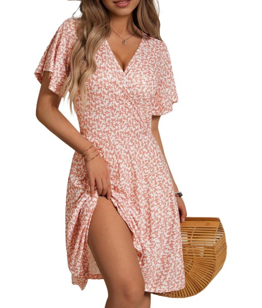 FENSACE Womens Sundress Summer Floral Short Sleeve Wrap V Neck A-Line Midi Dress