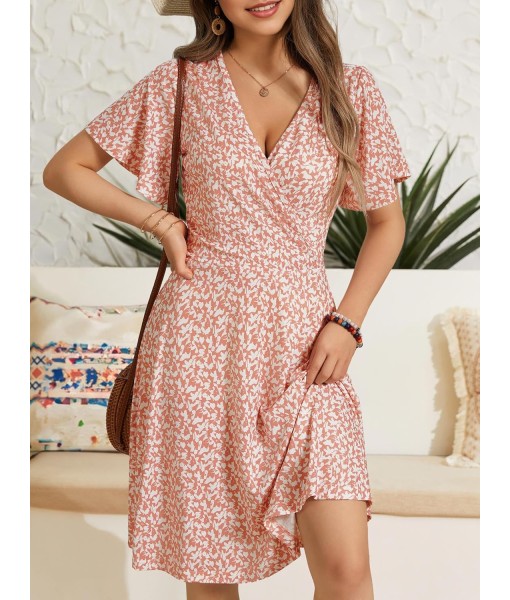 FENSACE Womens Sundress Summer Floral Short Sleeve Wrap V Neck A-Line Midi Dress