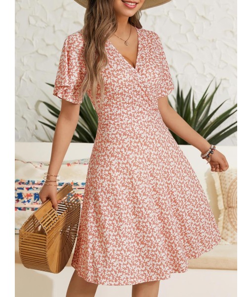 FENSACE Womens Sundress Summer Floral Short Sleeve Wrap V Neck A-Line Midi Dress