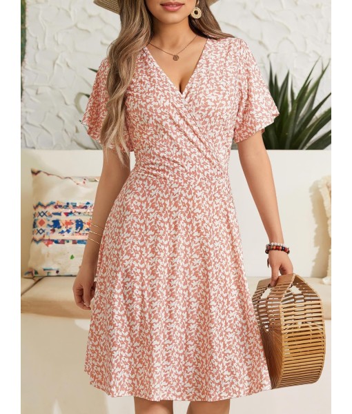 FENSACE Womens Sundress Summer Floral Short Sleeve Wrap V Neck A-Line Midi Dress