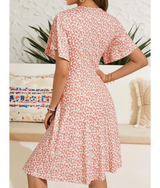 FENSACE Womens Sundress Summer Floral Short Sleeve Wrap V Neck A-Line Midi Dress