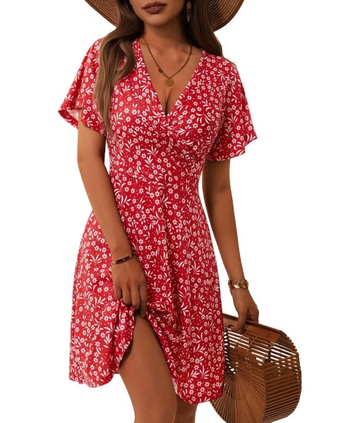 FENSACE Womens Sundress Summer Floral Short Sleeve Wrap V Neck A-Line Midi Dress