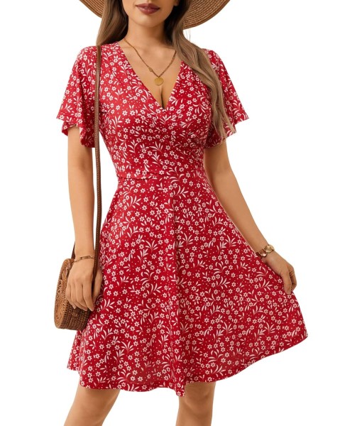 FENSACE Womens Sundress Summer Floral Short Sleeve Wrap V Neck A-Line Midi Dress