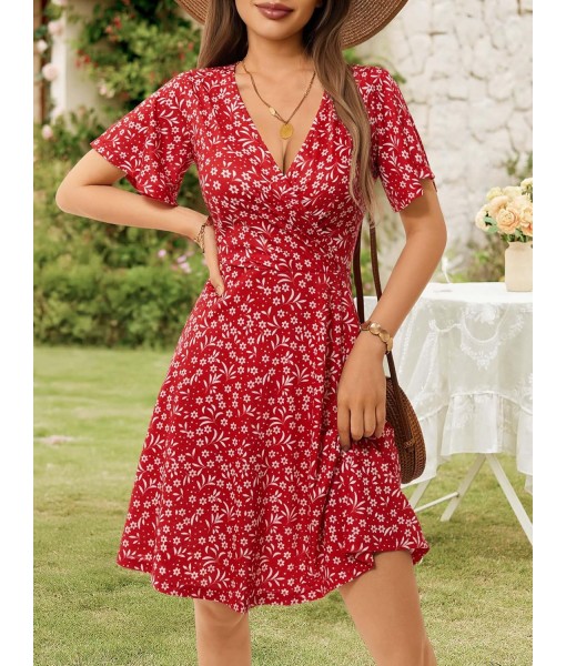 FENSACE Womens Sundress Summer Floral Short Sleeve Wrap V Neck A-Line Midi Dress