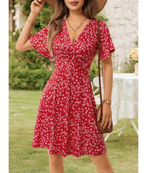 FENSACE Womens Sundress Summer Floral Short Sleeve Wrap V Neck A-Line Midi Dress
