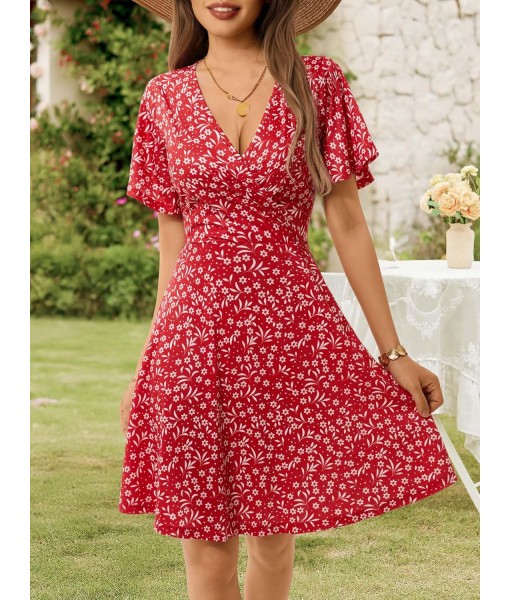 FENSACE Womens Sundress Summer Floral Short Sleeve Wrap V Neck A-Line Midi Dress