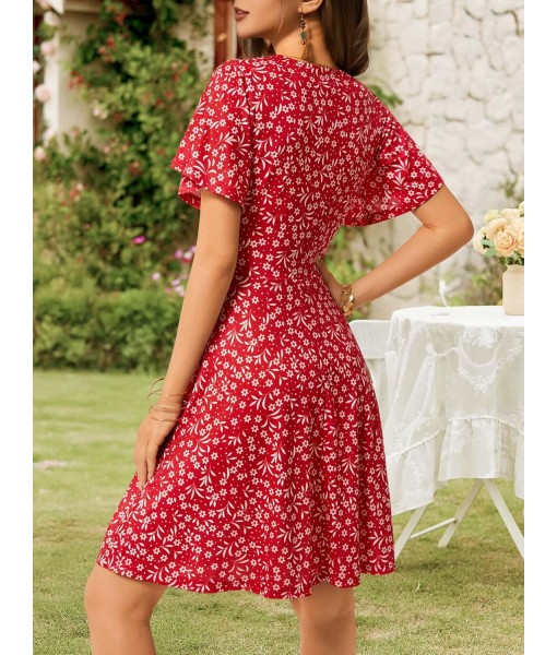 FENSACE Womens Sundress Summer Floral Short Sleeve Wrap V Neck A-Line Midi Dress