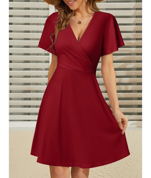 FENSACE Womens Sundress Summer Floral Short Sleeve Wrap V Neck A-Line Midi Dress