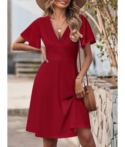 FENSACE Womens Sundress Summer Floral Short Sleeve Wrap V Neck A-Line Midi Dress