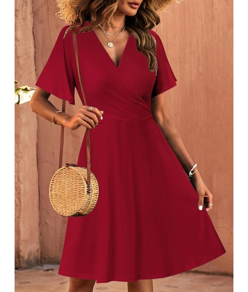 FENSACE Womens Sundress Summer Floral Short Sleeve Wrap V Neck A-Line Midi Dress