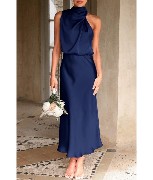 PRETTYGARDEN Women's 2025 Summer Satin Dress Elegant Sleeveless Mock Neck Cocktail Party Maxi Dresses