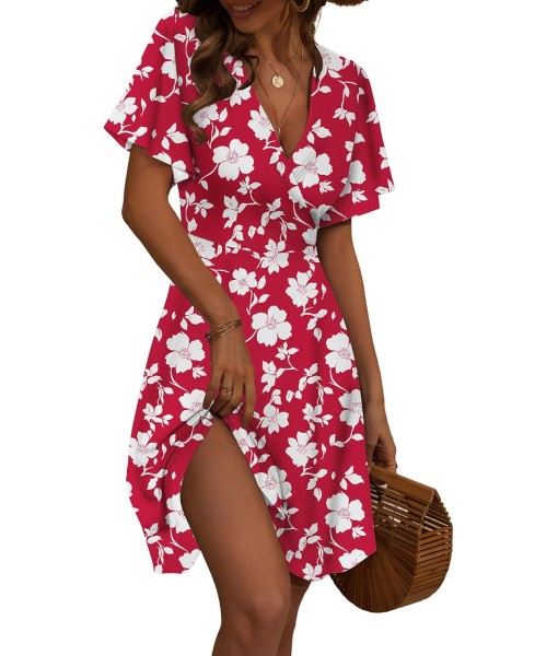 FENSACE Womens Sundress Summer Floral Short Sleeve Wrap V Neck A-Line Midi Dress