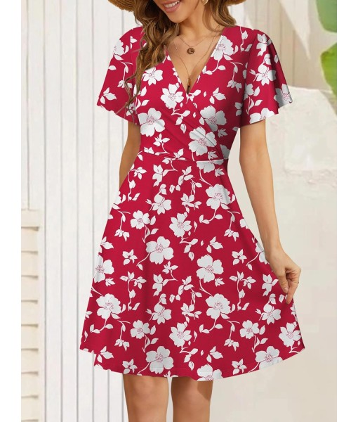 FENSACE Womens Sundress Summer Floral Short Sleeve Wrap V Neck A-Line Midi Dress