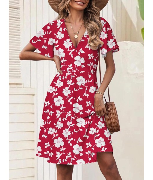 FENSACE Womens Sundress Summer Floral Short Sleeve Wrap V Neck A-Line Midi Dress