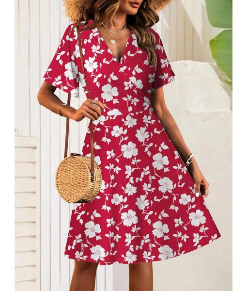 FENSACE Womens Sundress Summer Floral Short Sleeve Wrap V Neck A-Line Midi Dress