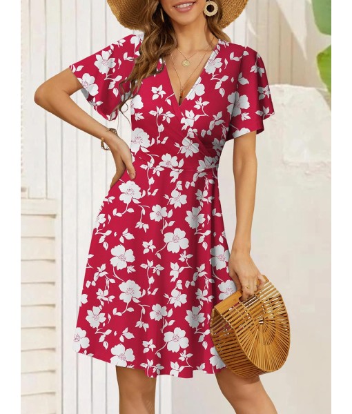 FENSACE Womens Sundress Summer Floral Short Sleeve Wrap V Neck A-Line Midi Dress