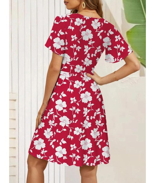 FENSACE Womens Sundress Summer Floral Short Sleeve Wrap V Neck A-Line Midi Dress