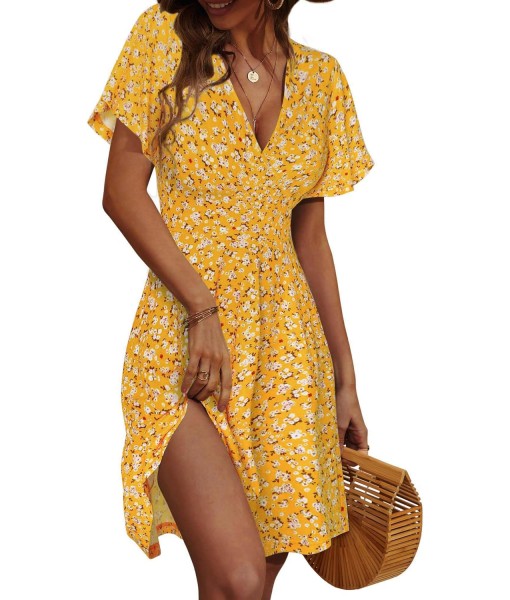FENSACE Womens Sundress Summer Floral Short Sleeve Wrap V Neck A-Line Midi Dress