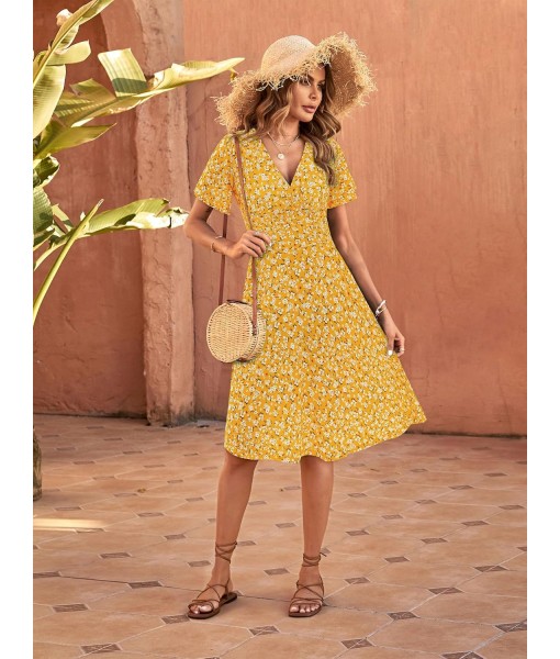 FENSACE Womens Sundress Summer Floral Short Sleeve Wrap V Neck A-Line Midi Dress