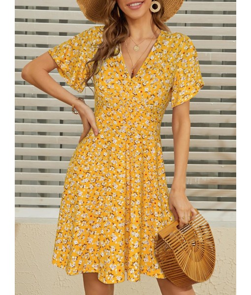 FENSACE Womens Sundress Summer Floral Short Sleeve Wrap V Neck A-Line Midi Dress