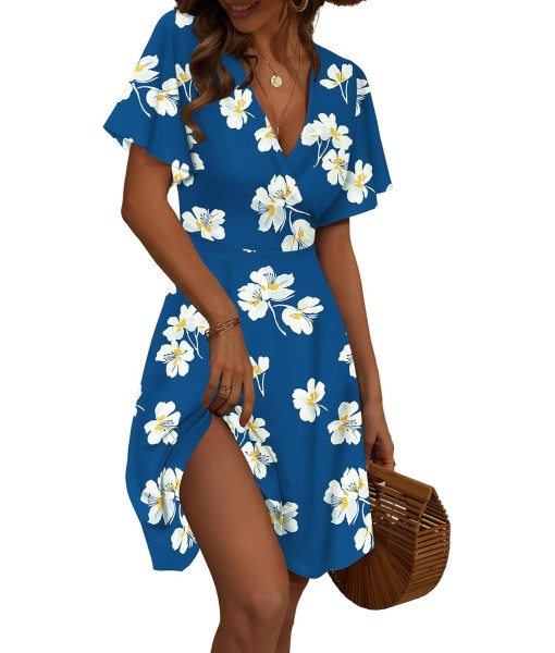 FENSACE Womens Sundress Summer Floral Short Sleeve Wrap V Neck A-Line Midi Dress
